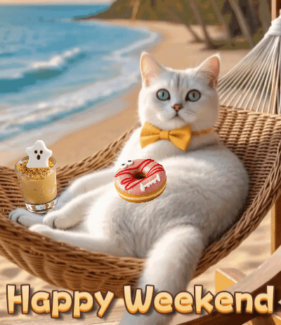 White Cat Laying in Hammock With Donut Happy Weekend