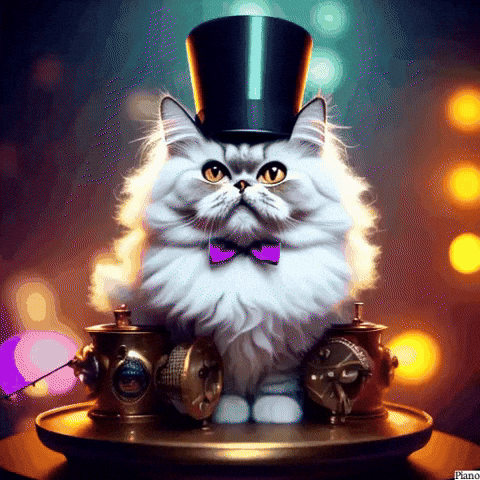 White Cat Piano With Magician's Hat GIF