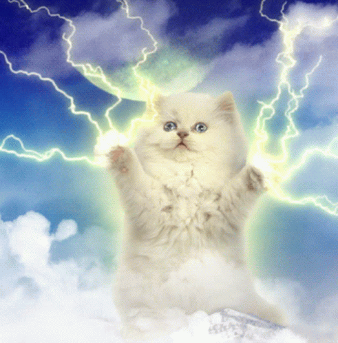 White Cat Sitting On Cloud With Lightning GIF