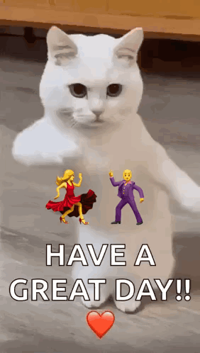 White Cat Standing With Dancing Emojis