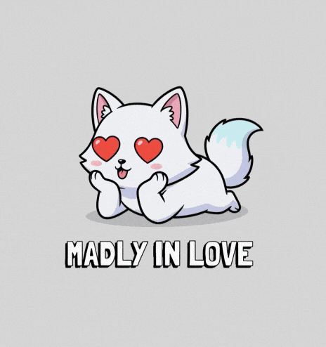 White Cat Surrounded by Red Hearts Madly in Love