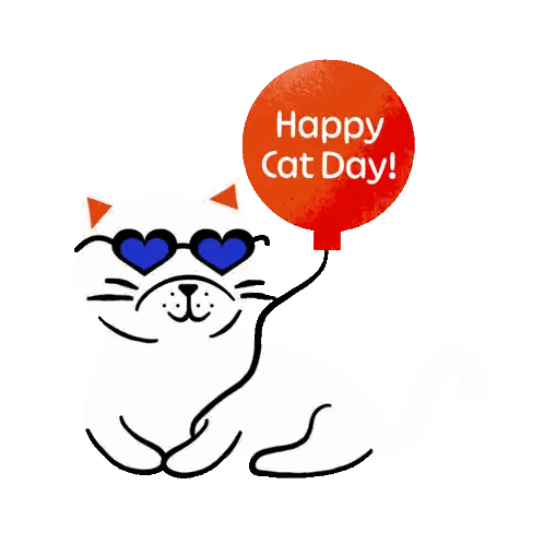 White Cat Wearing Heart Glasses Holding Happy Cat Day Balloon
