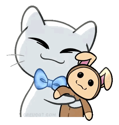 White Cat with Blue Bow Tie Holding Stuffed Rabbit