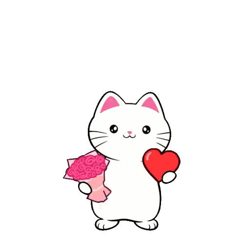 White Cat with Flowers and Heart