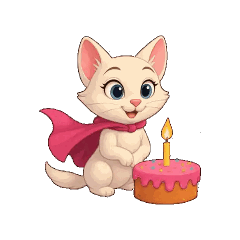 White Cat with Pink Cape Next to Birthday Cake