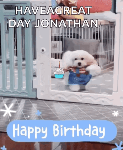 White Dog and Birthday Cake Happy Birthday Jonathan