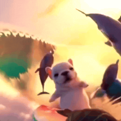 White Dog Surrounded By Dolphins And Turtle GIF