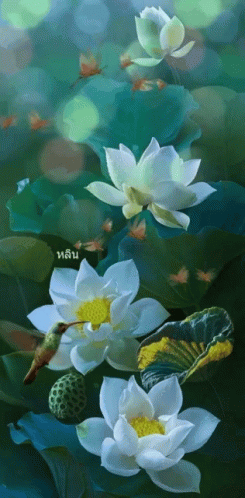 White Flowers With Yellow Center And Hummingbird GIF