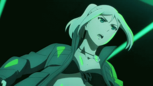 White-Haired Blue-Eyed Girl in Green Jacket and Black Top