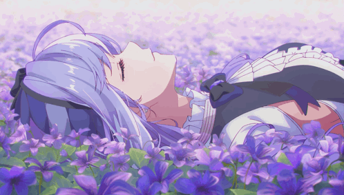 White-Haired Girl Laying In Purple Flower Field GIF