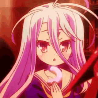White-Haired Girl With Purple Eyes Holding Red Object