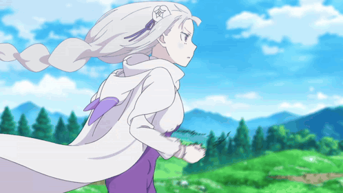 White-Haired Girl With Purple Wings Running Field