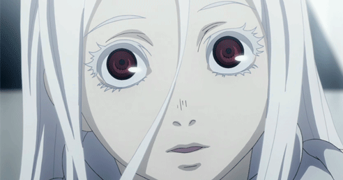 White-Haired Girl with Red Eyes Looking at Camera
