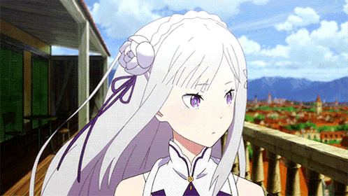 White Haired Purple Eyed Girl On Balcony Over City GIF