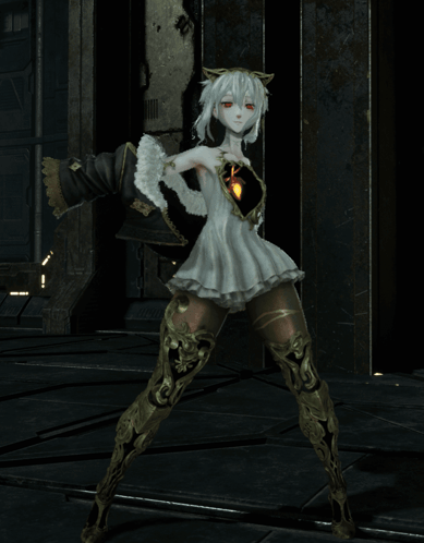 White-Haired Red-Eyed Girl in White Dress, Black Coat