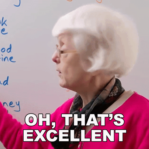 White-Haired Woman Says Oh That's Excellent on Whiteboard