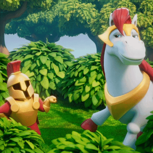White Horse With Red Mane Next to Knight in Armor