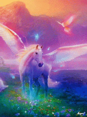 White Horse With Wings and Unicorn