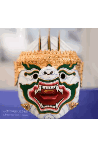White Mask with Green Red Face and Gold Crown