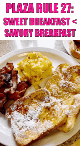 White Plate With French Toast Scrambled Eggs and Bacon