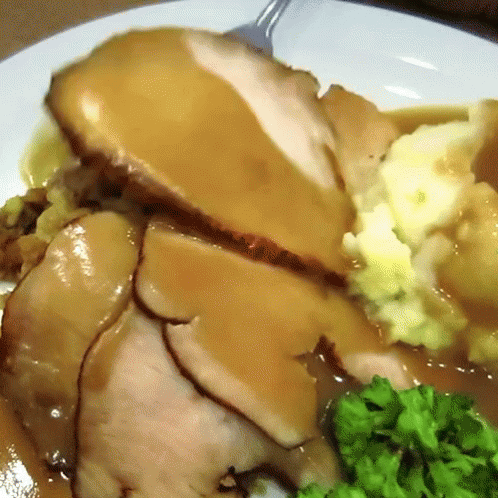 White Plate With Turkey Mashed Potatoes Gravy and Green Peas