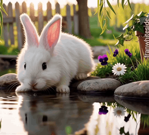 White Rabbit Drinking from Pond with Flowers