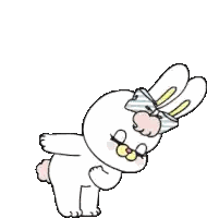 White Rabbit with Bow Standing on One Leg