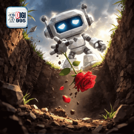 White Robot Holding Red Rose With Digi 985 Logo