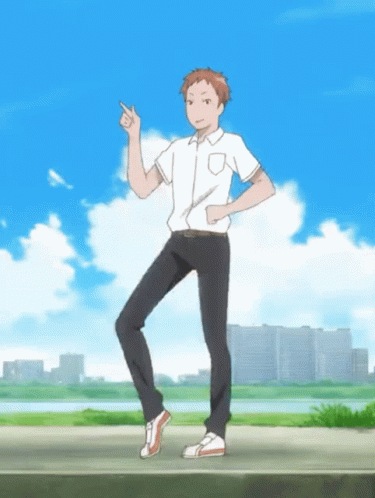 White Shirt Black Pants Man Pointing One Leg