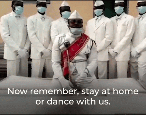 White Suit Men Masks: Stay Home Or Dance GIF