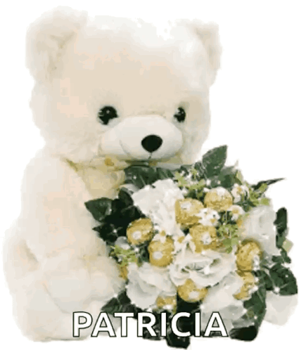 White Teddy Bear Holding Flowers With Name Patricia