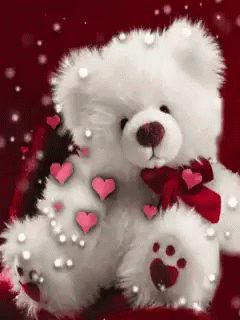 White Teddy Bear With Red Bow, Hearts, Pearls GIF