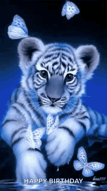 White Tiger Cub With Blue Butterflies In Water GIF