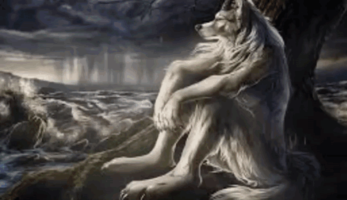 White Wolf Sitting Under Tree Near Ocean GIF