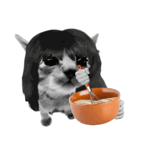 Wig-Wearing Cat Holding Whisk and Bowl