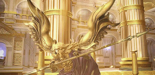 Winged Man Statue Holding Spear