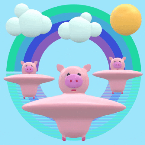 Winged Pink Pigs Fly Rainbow Sky GIF