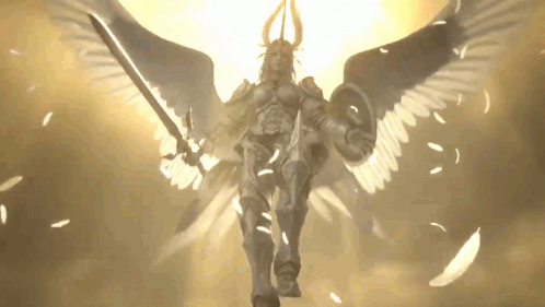 Winged Woman Statue With Sword and Shield