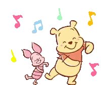 winnie the pooh and piglet are dancing together with music notes in the background