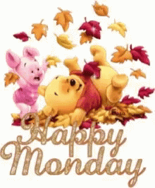 Winnie The Pooh And Piglet Are Laying On A Pile Of Leaves With The Words Happy Monday Below Them GIF