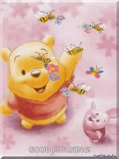 Winnie The Pooh And Piglet With Bees On Pink GIF