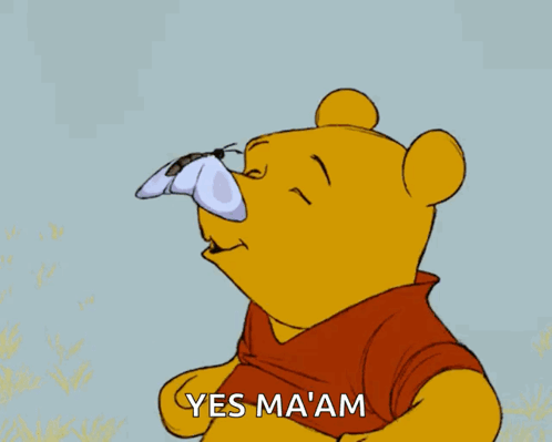 Winnie The Pooh Holding Butterfly On Nose Saying Yes Ma'am GIF