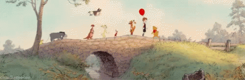 Winnie the Pooh Holding Red Balloon on Bridge