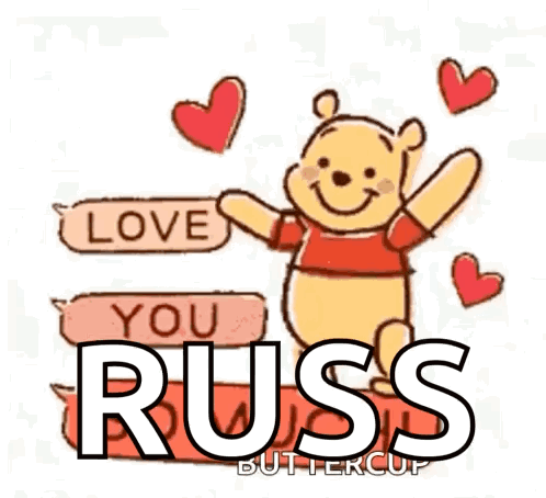 Winnie The Pooh Holding Sign Saying Love You Russ With Hearts GIF