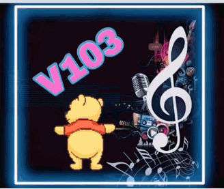 Winnie The Pooh Is Dancing In Front Of A Treble Clef And The Word V103 GIF