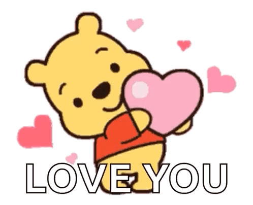 winnie the pooh is holding a pink heart in his hands and saying i love you