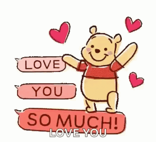 Winnie The Pooh Is Holding A Sign That Says `` Love You So Much ! Love You '' Surrounded By Hearts . GIF