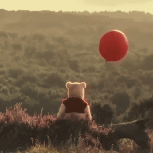 Winnie The Pooh Is Looking At A Red Balloon In The Sky GIF