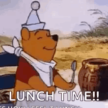 Winnie The Pooh Is Sitting At A Table With A Spoon In His Hand And A Jar Of Honey . GIF