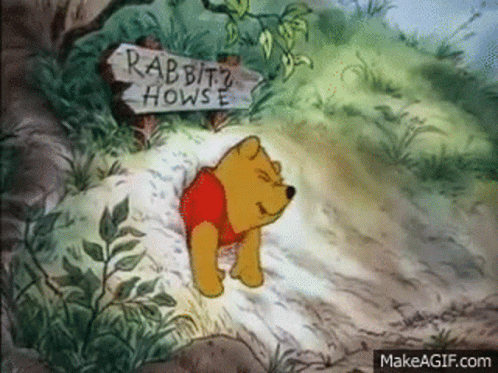 Winnie The Pooh Is Standing Next To A Wooden Sign That Says Rabbit 'S House . GIF